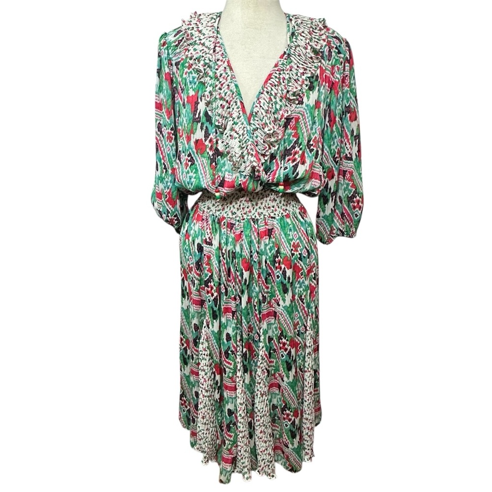Vintage 80s Diane Freis Abstract Print Ruffle Pleated Midi Dress Large